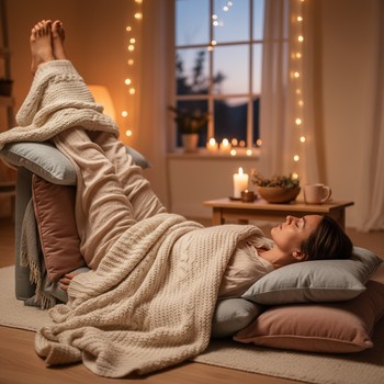 Restorative evening yoga setup with bolsters and pillows
