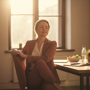 Short yoga reset beside a work desk with a laptop closed