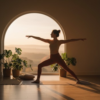 Soft sunrise yoga flow beside a window with warm light