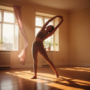 Short morning yoga stretch beside a bed with soft light
