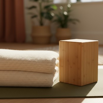 Yoga block and folded blanket placed at the top of a mat