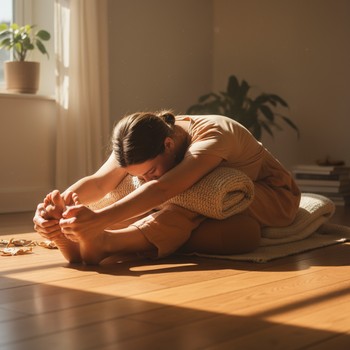 Person in a slow floor stretch with soft light across the mat