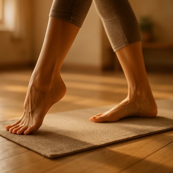 Close-up of gentle yoga flow with hands reaching forward in soft light