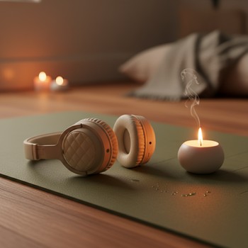 Headphones resting on a folded blanket at the edge of a yoga mat
