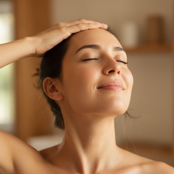 Person doing a gentle seated neck stretch in dim light