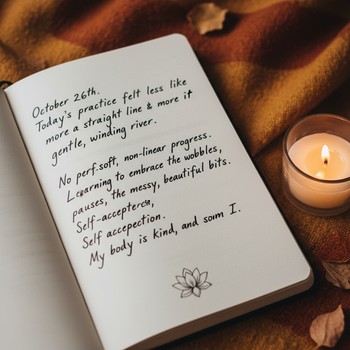 Journal page tracking gentle yoga progress in simple words