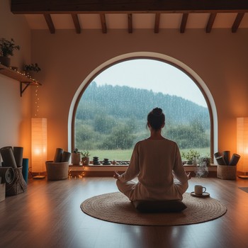 Yoga mat near a window with soft light and rain drops outside