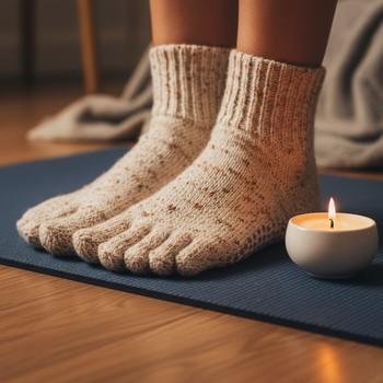 Pair of soft socks resting at the edge of a yoga mat