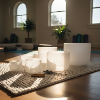 Singing bowls and a candle arranged beside a yoga mat