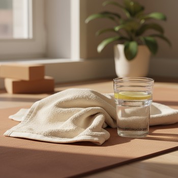Folded towel and glass of water prepared next to a yoga mat