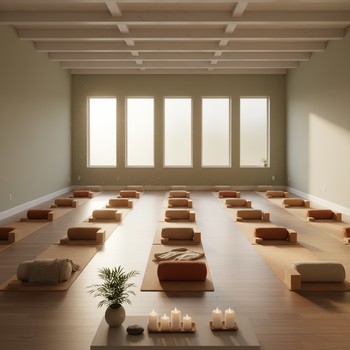 Softly lit yoga room standing quiet before a class begins