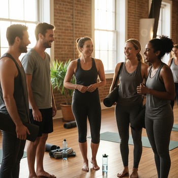 Small yoga group smiling softly after a calm class