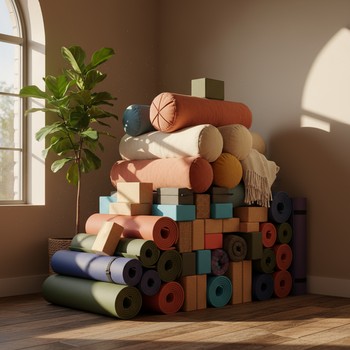 Stack of yoga mats and props ready for class