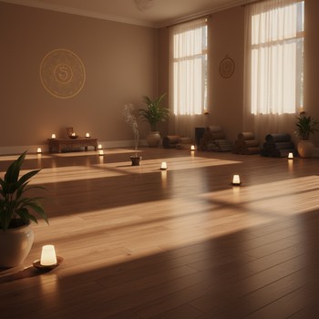 Softly lit yoga studio with warm lamps, mats and folded blankets