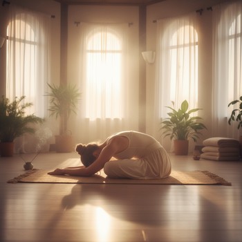 Yoga guide leading a sunrise stretch on a rooftop under soft golden light