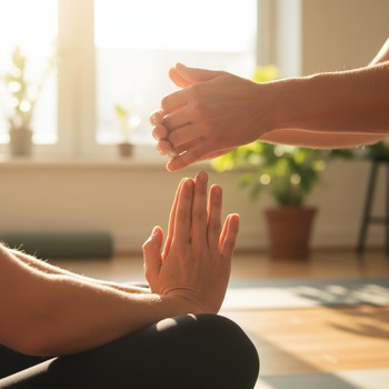 Hands of a yoga teacher gently adjusting a student's shoulders