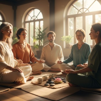 Small yoga group sitting in a circle sharing after class