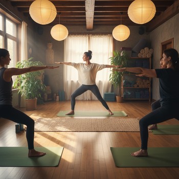 Yoga teacher demonstrating a standing pose in front of a small group