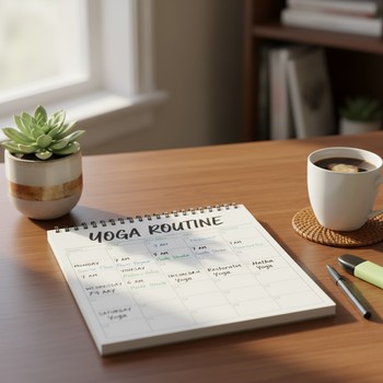 Yoga-friendly weekly calendar on a desk beside a mat