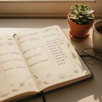 Notebook with a simple weekly yoga rhythm sketched beside a mat