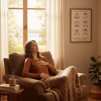 Person sitting on a chair near a window, eyes closed in soft breathing