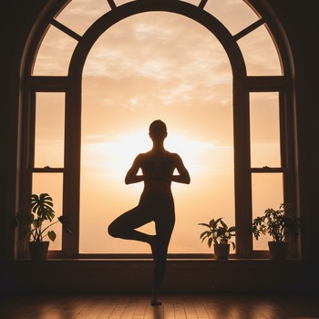 Silhouette of a person in yoga pose near a window with violet evening tones