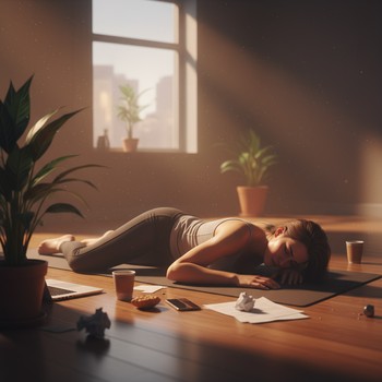 Person lying on a yoga mat in a dim room with one hand on the belly